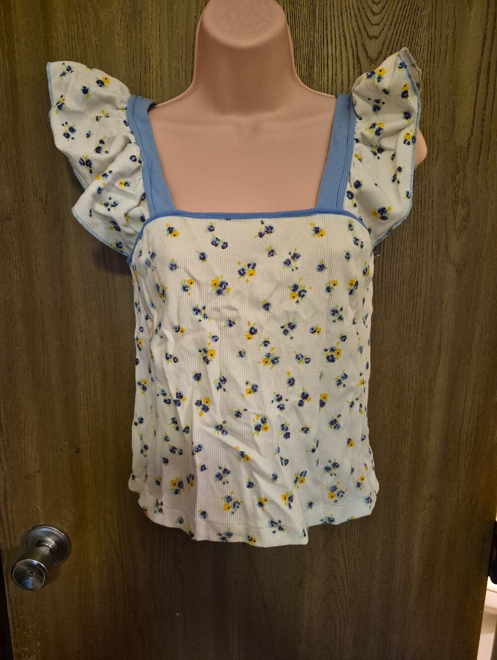 Vintage 70s Crop Ribbed Flutter Sleeve Floral Tank Top L Boho Festival